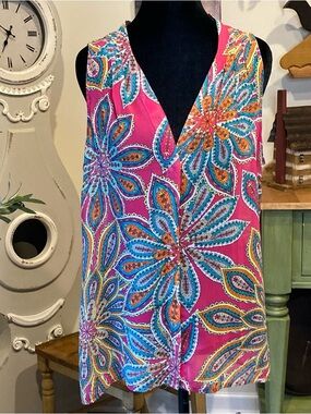 Banana Republic Floral V-Neck Sleeveless Blouse Pink Aqua Med. EUC